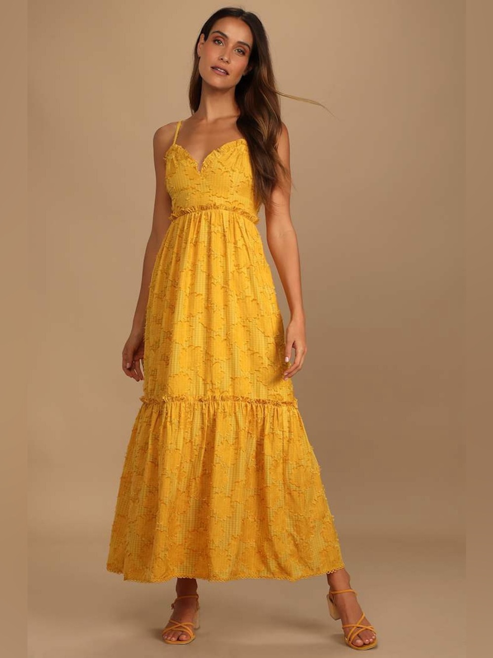 Lulus Charm and Charisma Mustard Yellow Burnout Floral Midi Dress Size Large